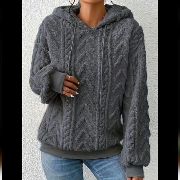 Solid Fuzzy Gray Textured Hooded Sweatshirt Sz 20 - Picture 1 of 4